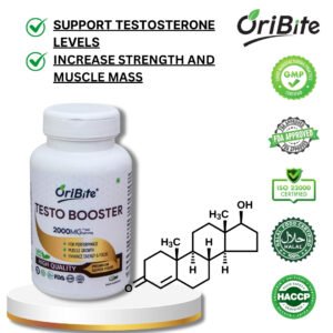 Testosterone booster supplement for men’s vitality and performance, the image shows various benefits such as increasing testosterone levels and increasing strength and muscle growth.