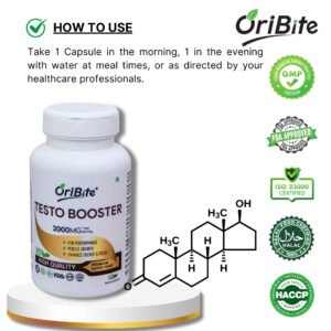 Testosterone booster supplement for men’s vitality and performance. The image gives you the information and direction on how to take the supplement as per professional guidelines.