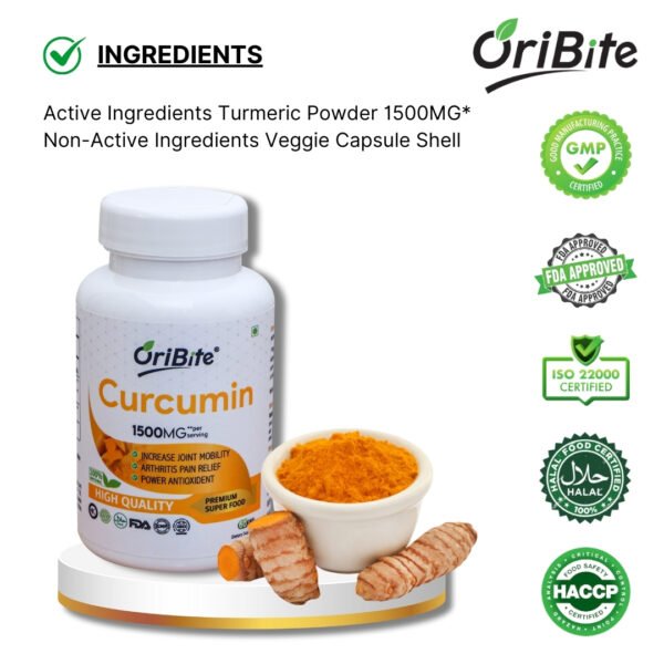 Curcumin capsules for reducing inflammation and boosting immunity, the image represents the ingredients of the product.