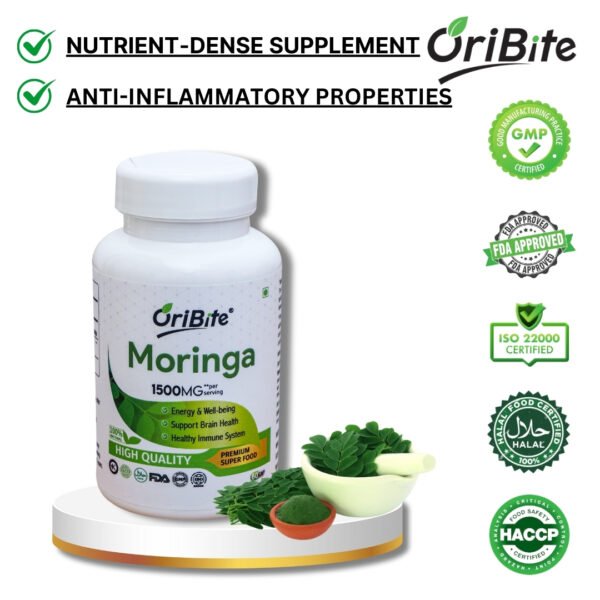 Bottle of Moringa Capsules with green leaves for energy and immunity, it will explain benefits.