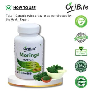 Bottle of Moringa Capsules with green leaves for energy and immunity, it will explain proper dose and usage of moringa capsules.