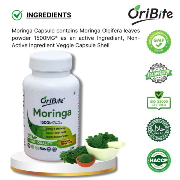 Bottle of Moringa Capsules with green leaves for energy and immunity, it will explain ingredients.