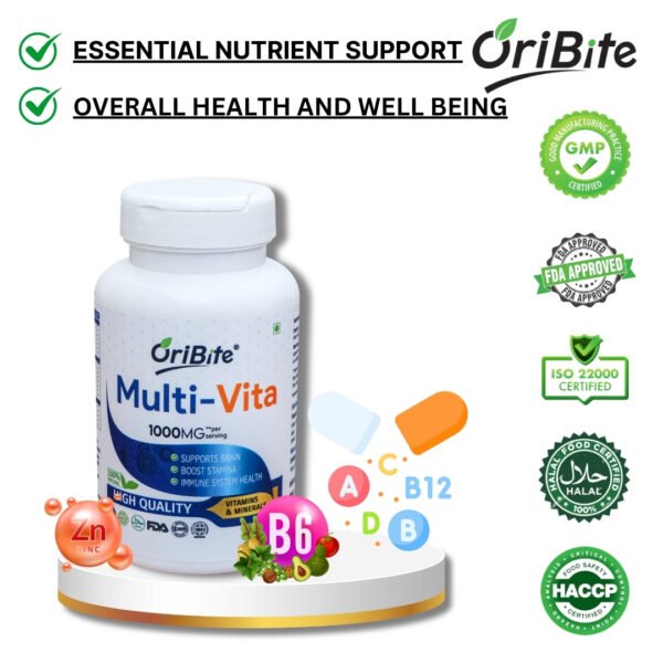 Multivitamin capsules providing complete daily nutrition.