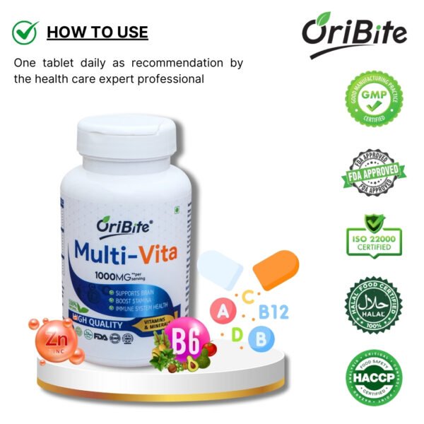 Multivitamin capsules providing complete daily nutrition.