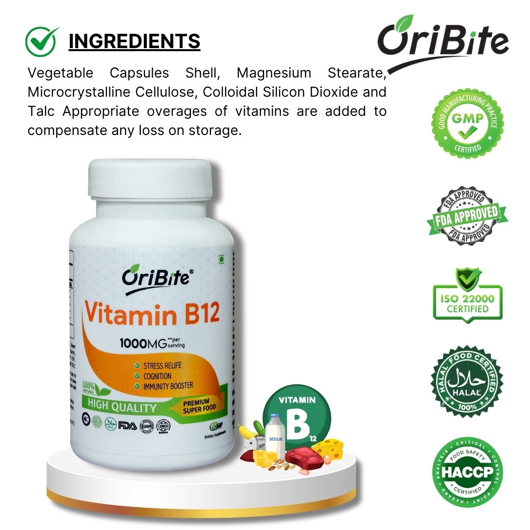 Vitamin B12 capsules for energy, nerve, and brain function support, it explains ingredients used to develop this product.